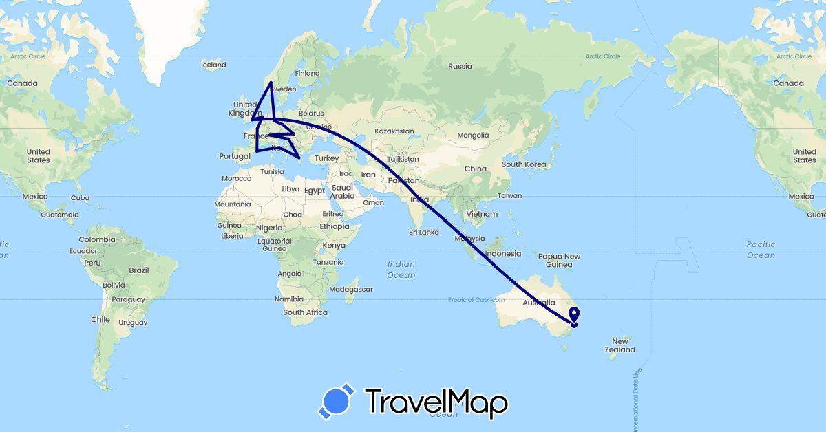 TravelMap itinerary: driving in Australia, Switzerland, Czech Republic, Germany, Spain, France, United Kingdom, Greece, Croatia, Hungary, India, Italy, Netherlands (Asia, Europe, Oceania)